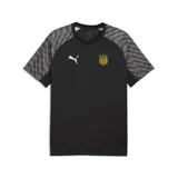 Camiseta de fútbol Puma del Club Atlético Peñarol, modelo Team Jersey, color negro con mangas grises de diseño estampado y detalles en blanco y amarillo.
