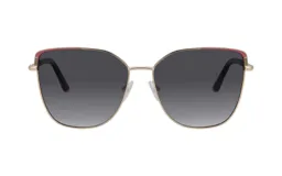 Lentes de sol Teresa Calandra modelo Elle, con armazón metálico dorado, lentes grises degradé y detalle superior en color rosa.