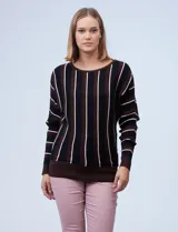 Buzo Tahari de tejido acanalado con mangas largas dolman y diseño a rayas verticales en marrón, negro y blanco.