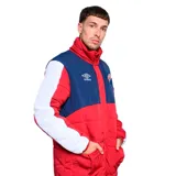 Parka de abrigo Umbro Heritage del Club Nacional de Football para hombre, modelo largo en color bordó con cuello alto, canesú superior en azul marino, mangas tricolor con bloques en blanco, rojo y azul, y escudo del club bordado en el pecho.