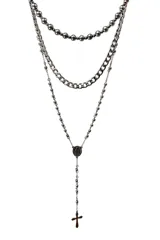 Set de tres collares de acero quirúrgico inoxidable. El diseño incluye una cadena de esferas, una cadena de eslabones gruesos y un collar tipo rosario con dije de cruz.