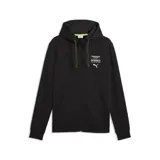 Campera con capucha y cierre frontal de la escudería Aston Martin Aramco Formula One Team, confeccionada por Puma. Diseño en color negro con detalles en verde lima en los cordones, logotipos estampados en el pecho y bolsillos tipo canguro.