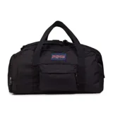 Bolso tipo duffel negro, marca Jansport, modelo Weekender Medium. Tiene doble asa de mano y correa de hombro ajustable y removible. Cuenta con un bolsillo frontal con cierre y el logo de la marca bordado.