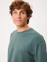 Remera de manga larga verde militar con cuello redondo y pequeño logo bordado en el pecho, de corte holgado.