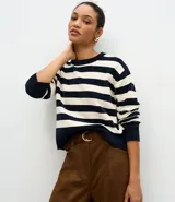 Suéter de cuello redondo confeccionado en tejido de chenille con diseño de rayas horizontales. Presenta mangas largas con puños acanalados y bajo ajustado, ofreciendo una textura suave y aterciopelada.