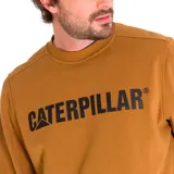 Buzo de cuello redondo color marrón tostado, con logo de Caterpillar estampado en negro en el pecho y detalle de triángulo amarillo bordado en la manga izquierda. Presenta puños y bajo de punto elástico.