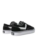 Championes urbanos Pony de corte bajo, color negro con detalles en blanco. Presentan el logo característico de la marca en el lateral, cordones blancos y suela de goma blanca con franja negra.