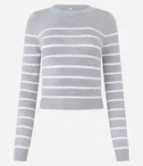 Blusa de punto de viscosa con cuello redondo, mangas largas y diseño de rayas horizontales contrastantes.