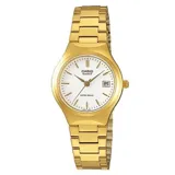 Reloj análogo Casio con caja y brazalete de acero inoxidable en tono dorado. Esfera blanca con marcadores de hora dorados y ventana de fecha a las 3.