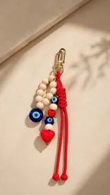Cartera tipo hobo de cuero sintético color suela, con interior espacioso y costuras decorativas frontales. Incluye asa de hombro fija, monedero rectangular colgante a juego y un llavero amuleto con cuentas de madera, ojos turcos y detalles en rojo.