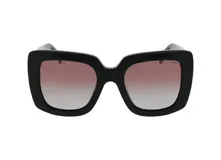 Lentes de sol INVU con montura cuadrada negra y lentes degradadas de rosa a gris.