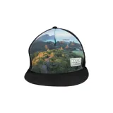 Gorro tipo trucker de Reef con visera negra y estampado de paisaje montañoso en la parte frontal.