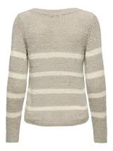 Sweater de punto con cuello redondo y manga larga, con diseño de rayas horizontales en tonos beige y crema.