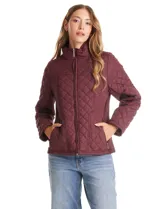 Campera capitoneada azul marino con diseño de rombos y paneles laterales elásticos para un ajuste entallado. Presenta cuello alto, cierre frontal completo y bolsillos laterales con cierre.
