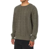 Buzo de punto trenzado color verde oliva, con cuello redondo, mangas largas y puños y ruedo acanalados.