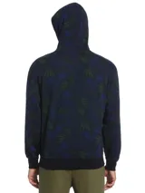 Buzo hoodie azul marino con estampado de hojas en tonos verde y azul. Tiene capucha con cordón ajustable, bolsillo tipo canguro y logo bordado en el pecho.