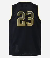 Musculosa deportiva de baloncesto confeccionada en tejido de malla con tecnología Dry Fit. Presenta cuello redondo con ribete amarillo, sisas con bordes amarillos y estampado frontal con la inscripción 'Los Angeles' y el número '23' en color amarillo. Incluye un tag decorativo en el ruedo inferior.