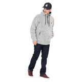 Canguro Volcom de tejido técnico bonded, color gris jaspeado, con capucha ajustable mediante cordones negros, cierre frontal parcial de cremallera y bolsillo tipo canguro delantero.