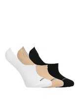 Pack de tres pares de medias invisibles Hush Puppies, confeccionadas en algodón suave con elastano. Incluye un par blanco, un par beige y un par negro, con diseño de corte bajo ideal para zapatillas.