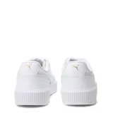 Championes Puma modelo Carina Mia, de diseño urbano con plataforma, color blanco con detalles en dorado en el logo lateral y en la lengüeta.