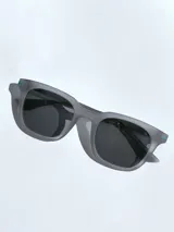 Lentes de sol con armazón de color gris mate y detalles en azul en las patillas. Cuentan con cristales oscuros polarizados y protección UV 400.