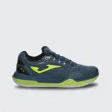 Championes de tenis Joma Point Men, color azul con detalles en verde lima. Diseño técnico con sistema de ventilación VTS, refuerzo de goma PROTECTION en la puntera y suela de caucho DURABILITY para pista dura.