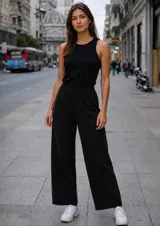 Pantalón de tejido de punto color negro, de corte recto y holgado, con cintura elástica ancha.