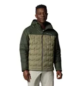Campera técnica con capucha, impermeable y transpirable, con tecnología termorreflectante Omni-Heat Infinity y aislamiento de plumón de 650 fill power. Presenta un diseño de bloques de color en tonos verde, con construcción HeatSeal sin costuras en el panel frontal y cierre frontal completo.