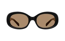 Lentes de sol con montura ovalada de acetato color negro y lentes marrones.