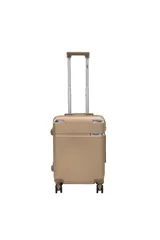 Valija carry on color beige con diseño de líneas verticales en relieve, ruedas multidireccionales y manija telescópica ajustable.