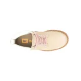 Bota de cuero nubuck color beige con detalles en blanco y cordones jaspeados en rosa y blanco. Presenta cuello acolchado, suela de goma dentada y logo de la marca en el lateral y la lengüeta.