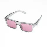 Lentes de sol rectangulares con armazón transparente y cristales rosados.
