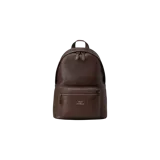 Mochila de cuero marrón oscuro de Polo Ralph Lauren, con compartimento principal con cierre, bolsillo frontal con cierre y placa con el logo de la marca en letras doradas.