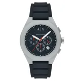 Reloj cronógrafo Armani Exchange modelo Sync con caja de 44 mm en tono gris mate, esfera negra con detalles en rojo y correa de silicona negra.