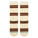 Medias Stance Hill Top Crew color crema con rayas horizontales en tonos marrón, beige y rojo.