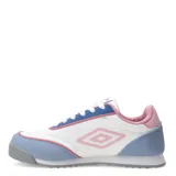 Championes deportivos Umbro modelo Lane Lady, con diseño multicolor que combina blanco, azul y detalles en rosado. Presentan una estructura de materiales sintéticos con refuerzos en gamuza sintética en la puntera y el talón, cordones blancos y suela de goma con relieve.