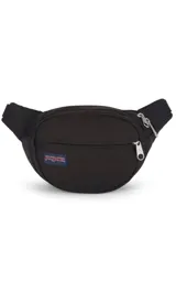 Riñonera negra de la marca JanSport, modelo Fifth Avenue, con parche frontal de la marca y cierres metálicos.