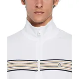 Buzo deportivo blanco con cierre frontal completo, cuello alto y bolsillos laterales con cierre. Presenta una banda horizontal con rayas en tonos beige, azul marino y dorado a la altura del pecho.