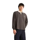 Buzo tipo polo de rugby con mangas largas, confeccionado en algodón color gris oscuro. Presenta cuello de sarga en color crema en contraste, cierre frontal parcial con botones y logo bordado pequeño en el pecho.