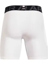 Shorts de compresión Under Armour HeatGear blancos, con pretina elástica con logo de la marca y bolsillo lateral.