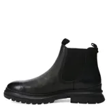 Botas tipo Chelsea de cuero negro con paneles elásticos laterales, tiradores en la parte superior y suela de goma dentada.