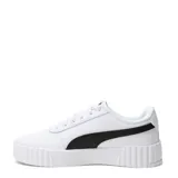 Championes Puma modelo Carina 3.0 de diseño urbano, color blanco con la icónica franja lateral en negro y detalles dorados en la marca. Presentan una suela de plataforma con textura acanalada y puntera perforada para mayor ventilación.