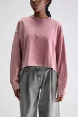Remera oversize de manga larga y largo cropped, confeccionada en jersey de algodón con acabado desgastado color rosado. Presenta cuello redondo y hombros caídos.
