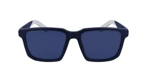 Lentes de sol Lacoste, con montura cuadrada azul marino y patillas blancas.