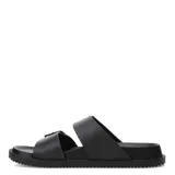 Sandalias estilo slide de mujer, color negro, con dos tiras anchas ajustables mediante hebillas tono sobre tono y suela texturizada.
