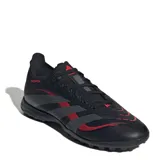 Championes de fútbol Adidas Predator League Turf, color negro con detalles en rojo. Diseñados para superficies sintéticas, cuentan con capellada sintética texturizada para un mejor control del balón y suela especializada para tracción en césped artificial.