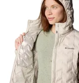Campera larga tipo parka de Columbia, color beige, con diseño acolchado sin costuras, capucha integrada y cierre frontal de doble sentido. Cuenta con tecnología de aislamiento térmico y bolsillos laterales con cierre.