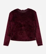Blusa de manga larga confeccionada en tule con textura aterciopelada, de corte ajustado y escote canoa. Incluye forro interno para mayor cobertura.