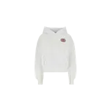 Hoodie blanco con capucha, bolsillo frontal tipo canguro y detalle de logo bordado en el pecho.