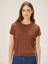 Remera de punto color marrón, de mangas cortas y calce relajado, con cuello redondo y costuras verticales decorativas en el frente.
